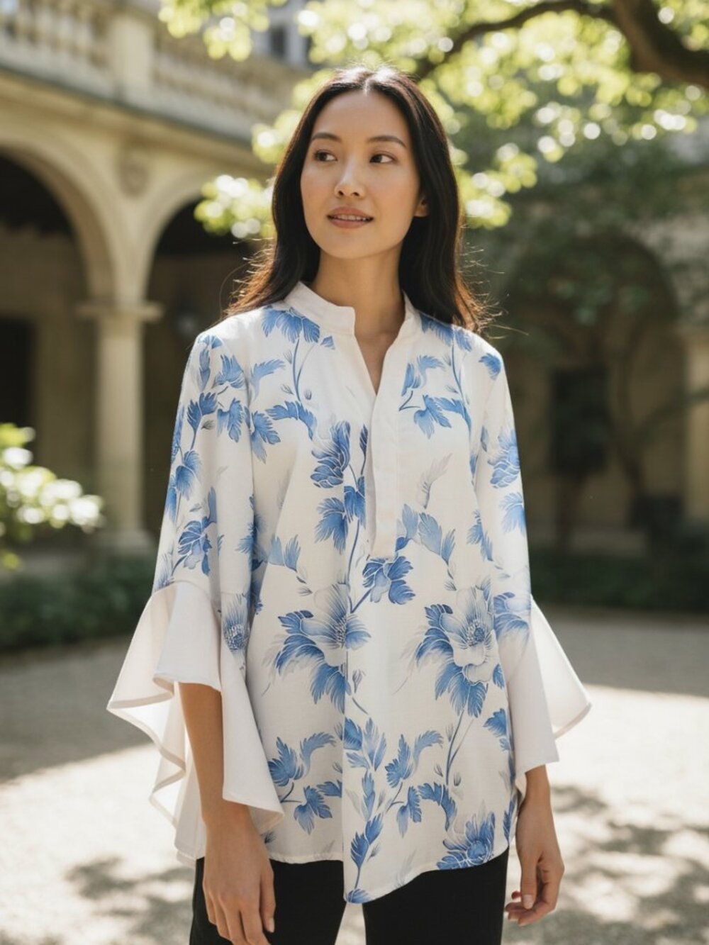 Blue and White Floral Peasant Cottage Core Blouse 3/4 Bell Sleeve Boho Flowy Top